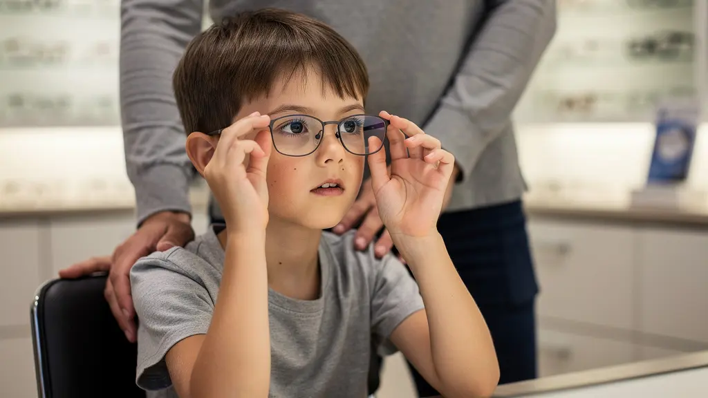 Enfant essayant des lunettes chez l'opticien avec garantie optique mutuelle famille