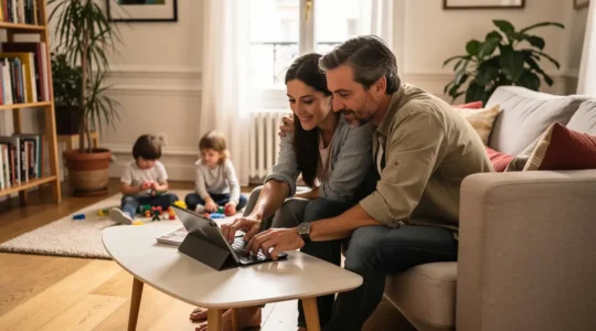 Famille française consultant une tablette pour comparer les mutuelles familiales dans leur salon