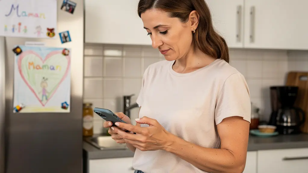 Mère de famille comparant les offres de mutuelle familiale sur smartphone dans sa cuisine